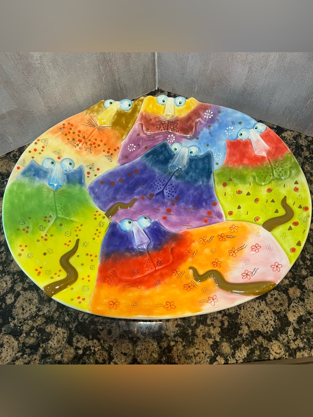 Vintage Whimsical Joy Cats Studio Serving Platter Cat Tableware 14"x11" Ceramic
